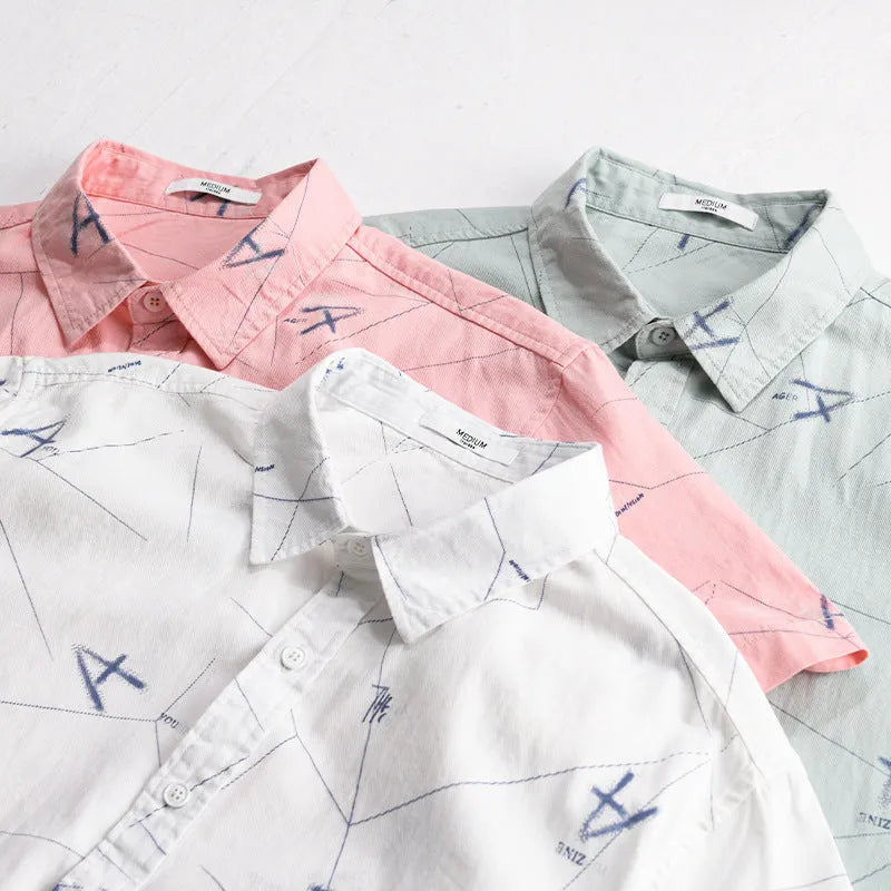 Men's pure cotton short sleeve shirt with letter print in loose cardigan style