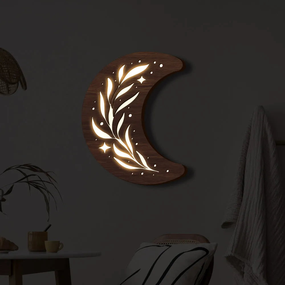 Bohemian style three-dimensional wooden leaf crescent pendant lamp with battery box