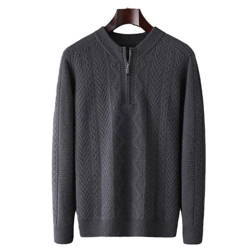Men's diamond lattice patterned pure wool half-zip sweater in camel colour