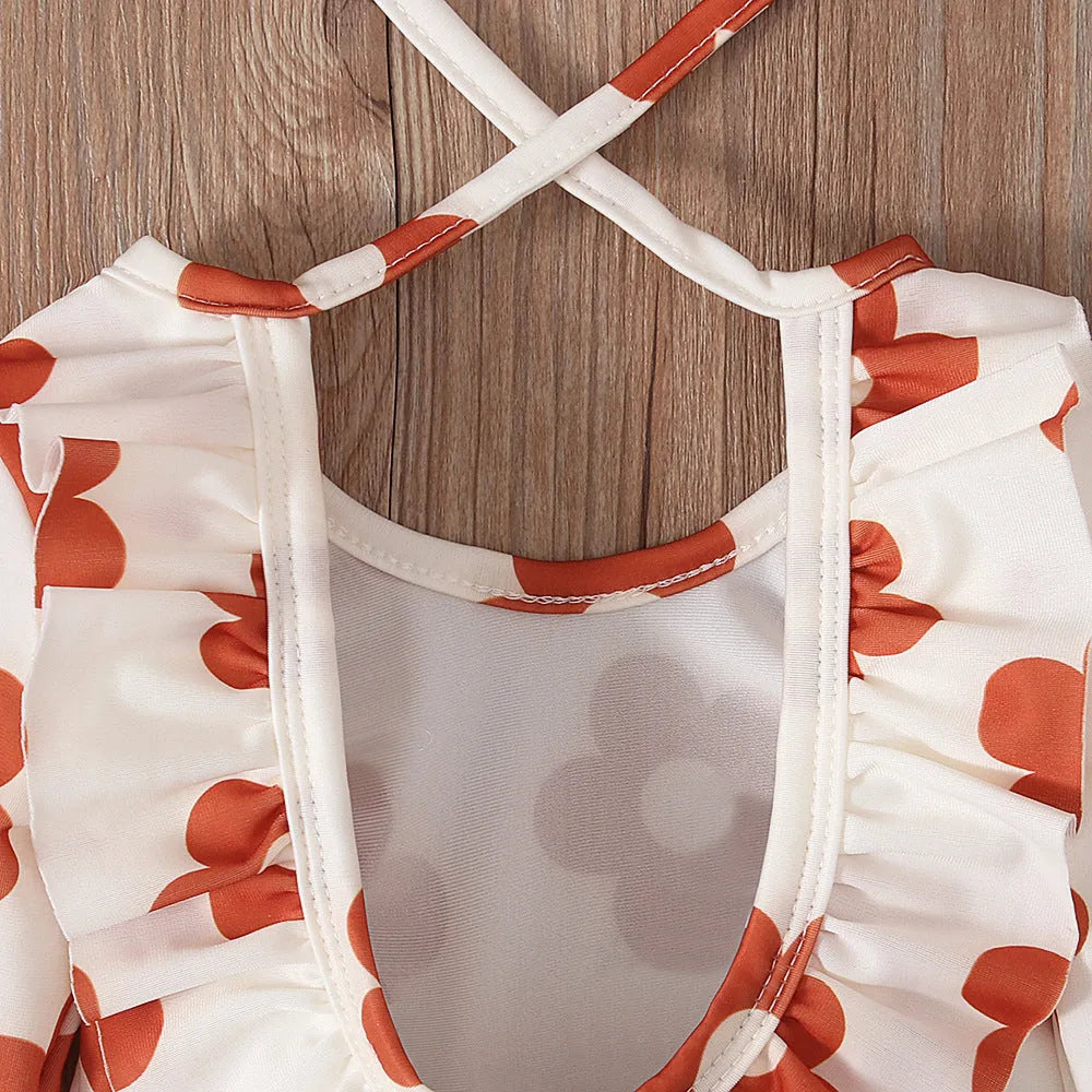 Girl's floral print open back swimsuit in orange red with crew neckline and Asian-fit sizing