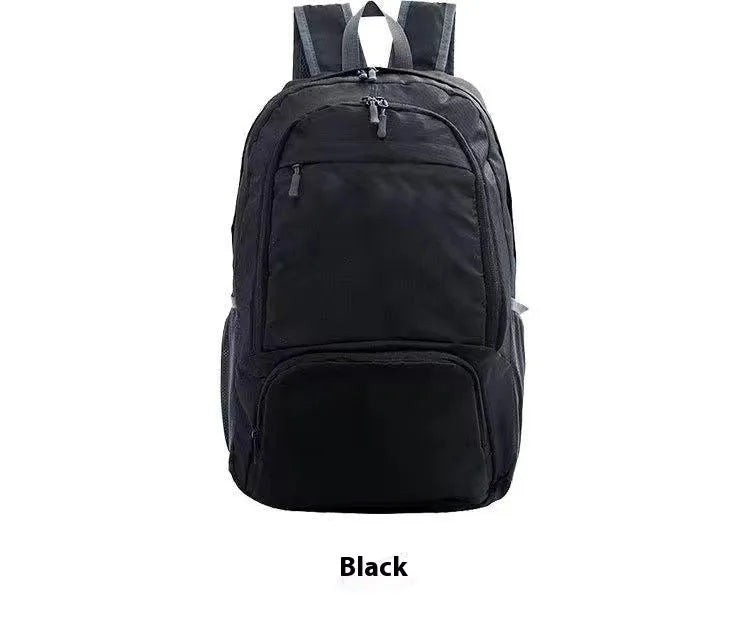 A 26-inch waterproof Oxford cloth backpack in a solid colour, shown folded and unfolded.