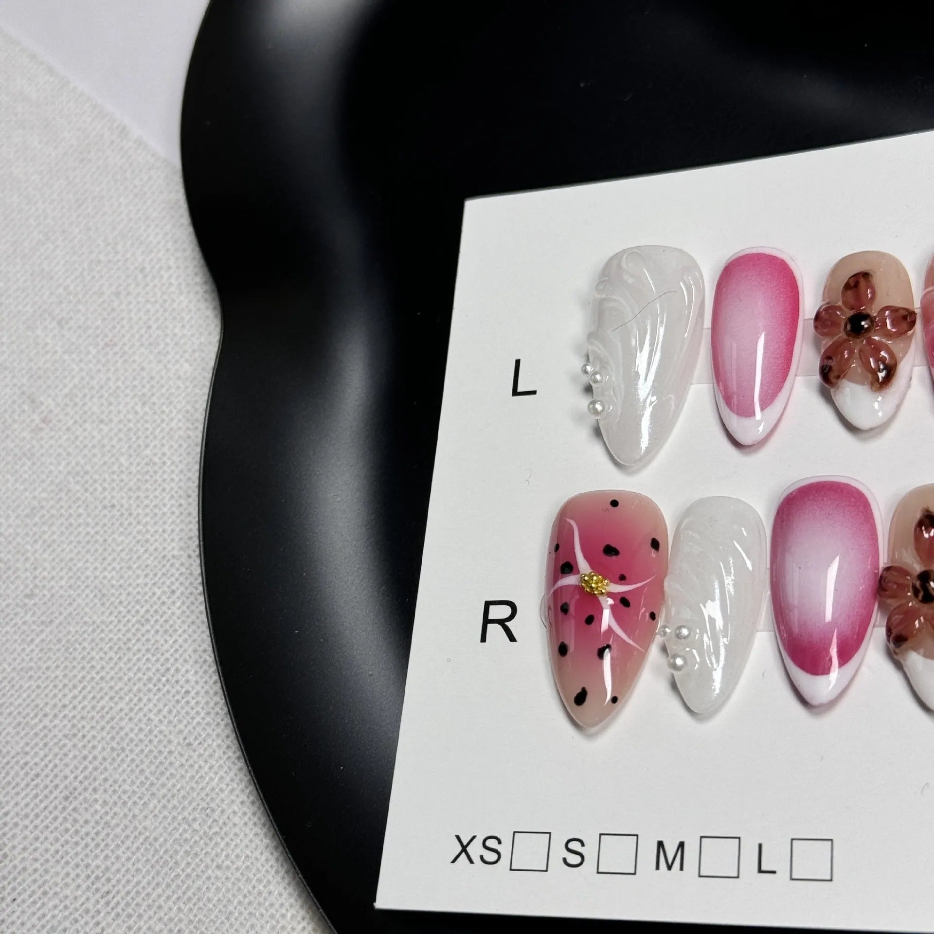 Hand-painted 3D nail art stickers with carved candy patterns in almond shapes