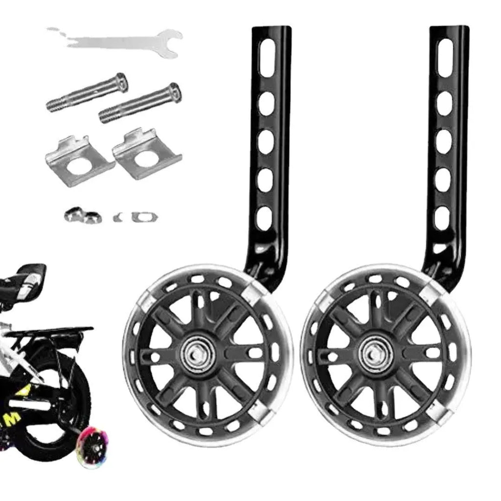 Set of two metal training wheels with brackets and hardware for a children's bicycle.