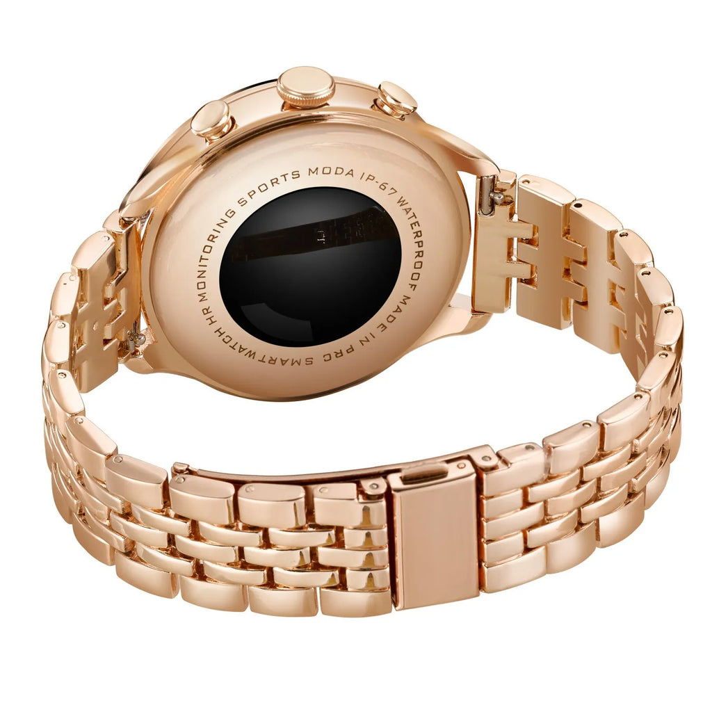 Gold smart watch with TFT screen featuring Bluetooth calling and health monitoring functions on a woman's wrist