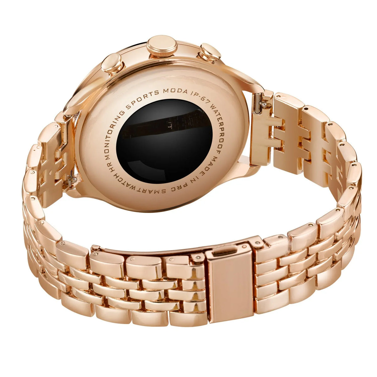 Gold smart watch with TFT screen featuring Bluetooth calling and health monitoring functions on a woman's wrist