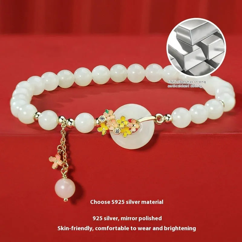 Osmanthus peace buckle bracelet with 6mm Hetian jade set in S925 sterling silver