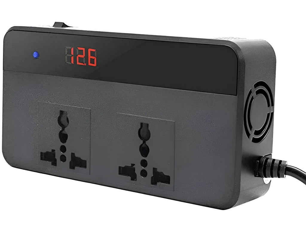 Automotive power inverter with PC fireproof housing showing AC and USB outputs, 149x74x35mm