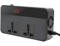 Automotive power inverter with PC fireproof housing showing AC and USB outputs, 149x74x35mm