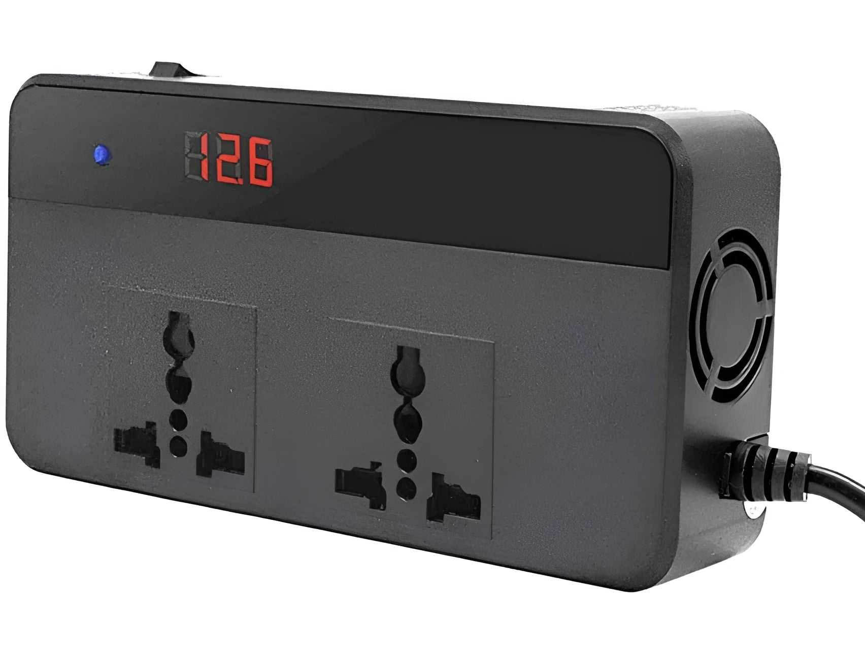 Automotive power inverter with PC fireproof housing showing AC and USB outputs, 149x74x35mm