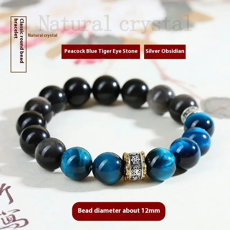 Handmade geometric bracelet with peacock blue Tigereye stone beads in ethnic style
