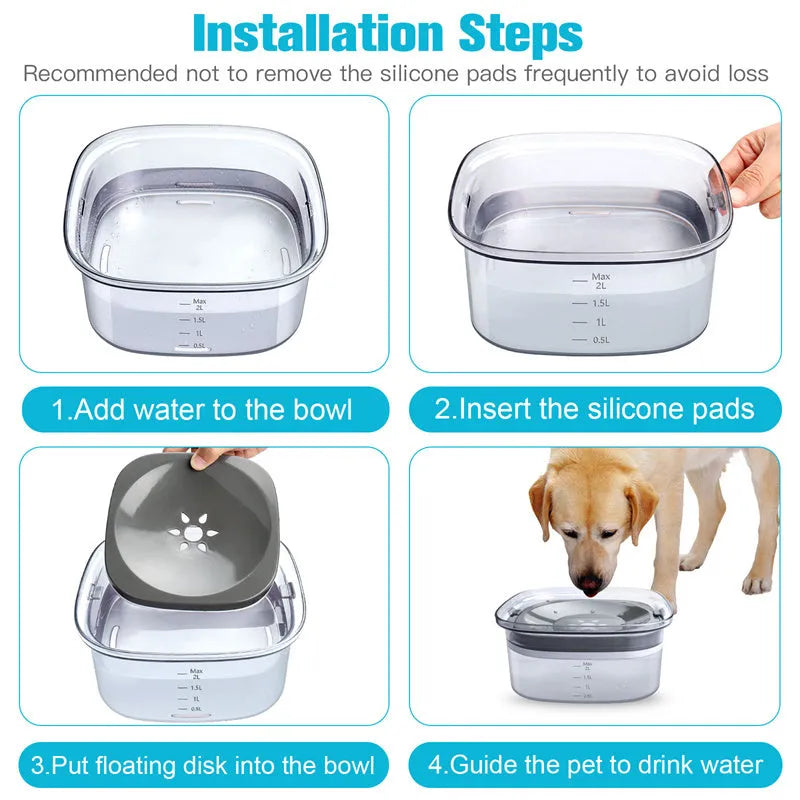 Transparent 2 litre dog water bowl with floating disc showing water level visibility