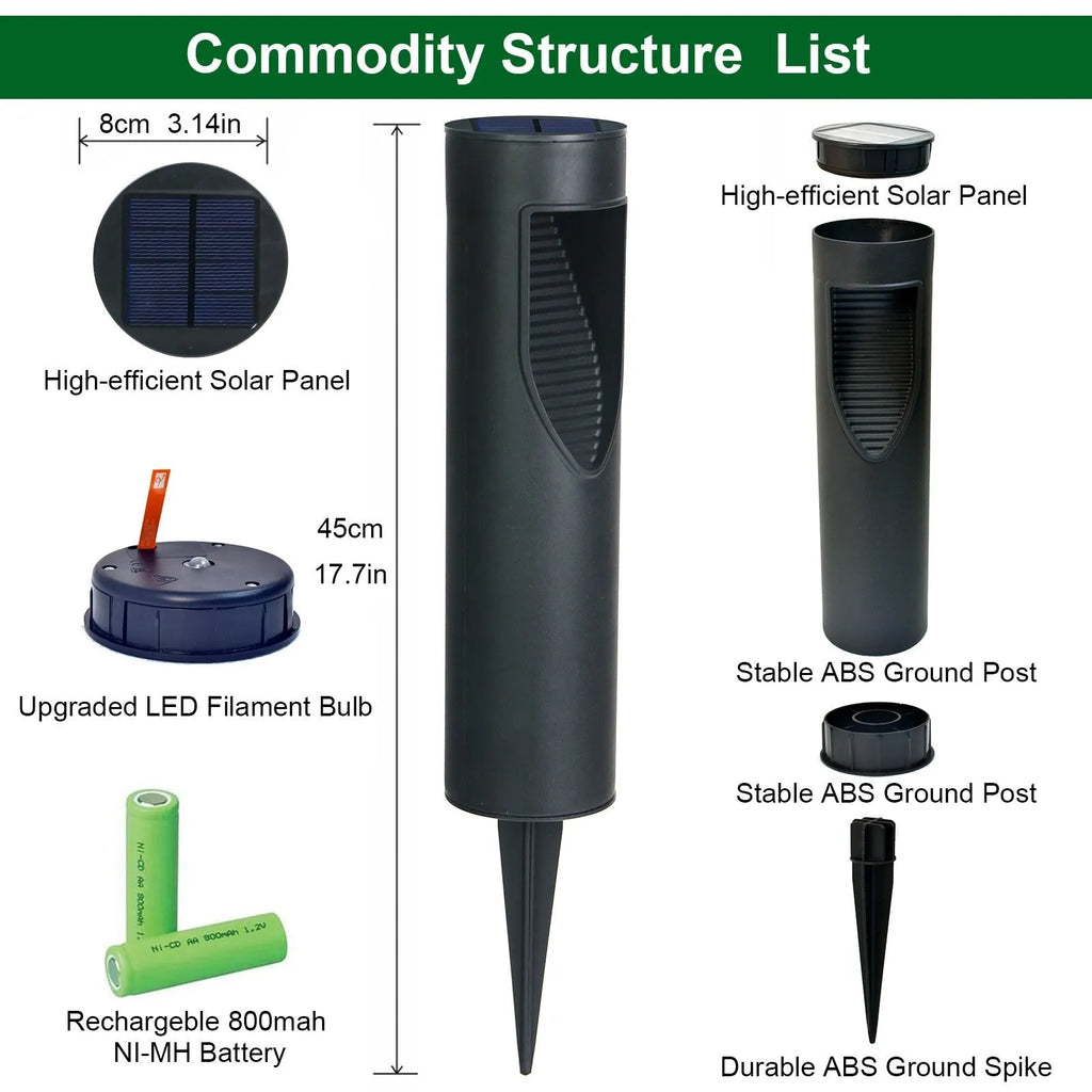 Black geometric solar-powered lawn light for outdoor garden use.