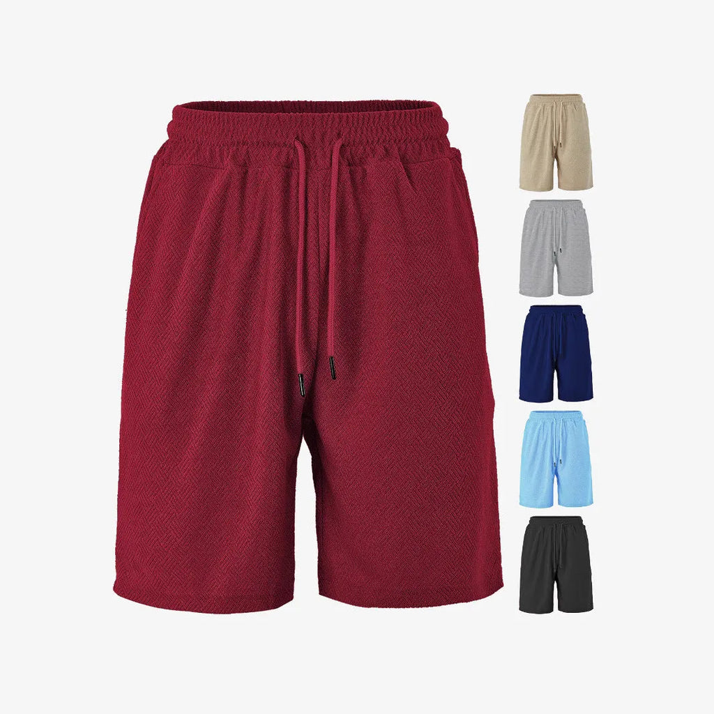 Men's loose fit towel jacquard casual shorts in khaki showing textured fabric and relaxed leg opening for summer