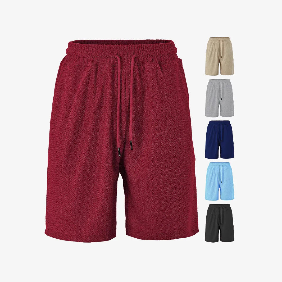 Men's loose fit towel jacquard casual shorts in khaki showing textured fabric and relaxed leg opening for summer