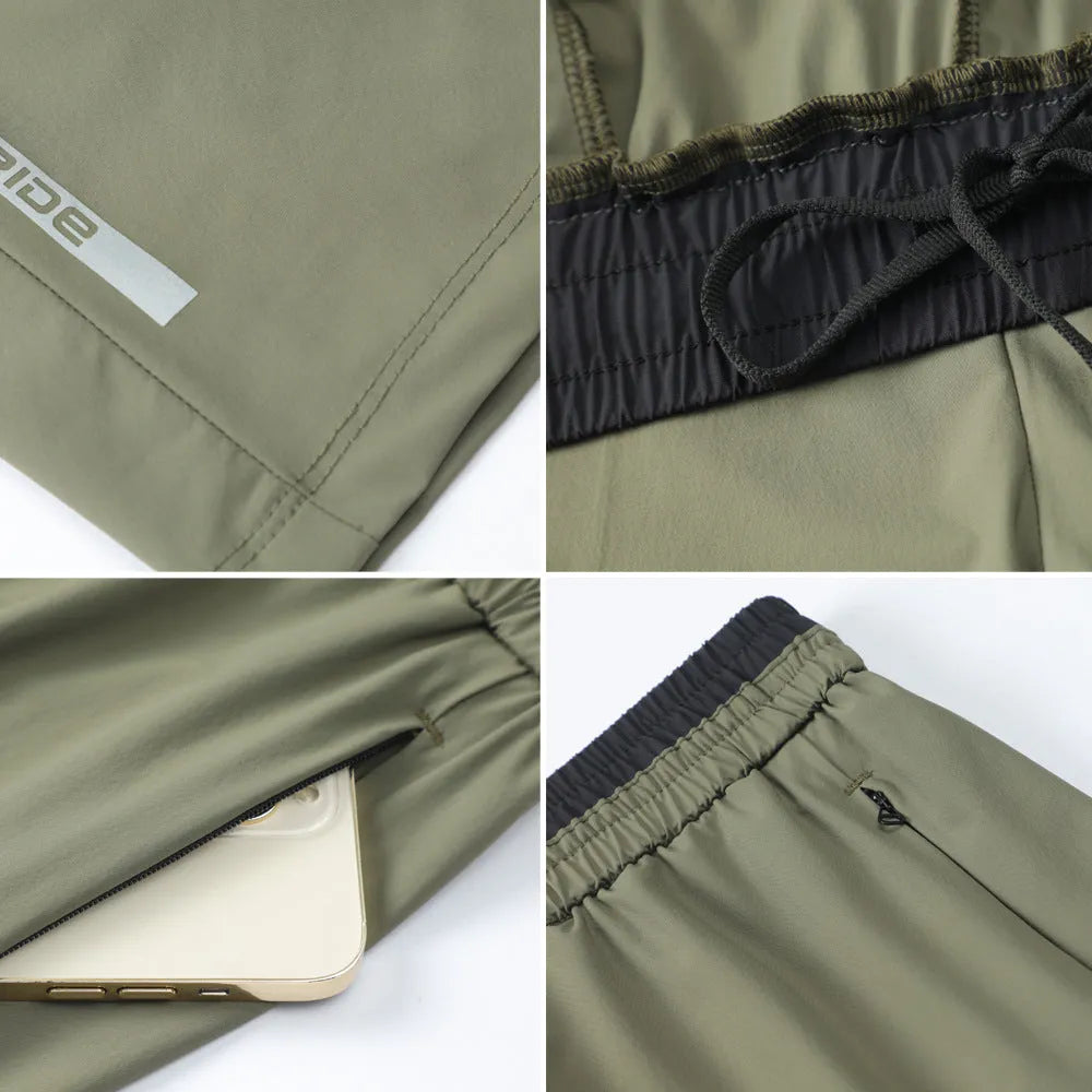 Man wearing grey loose-fit cropped Ice Silk pants for running or leisure.