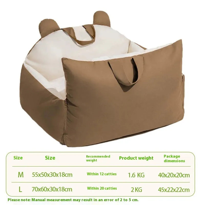 Universal removable washable dog car kennel shown in beige, with two size options for vehicle travel.