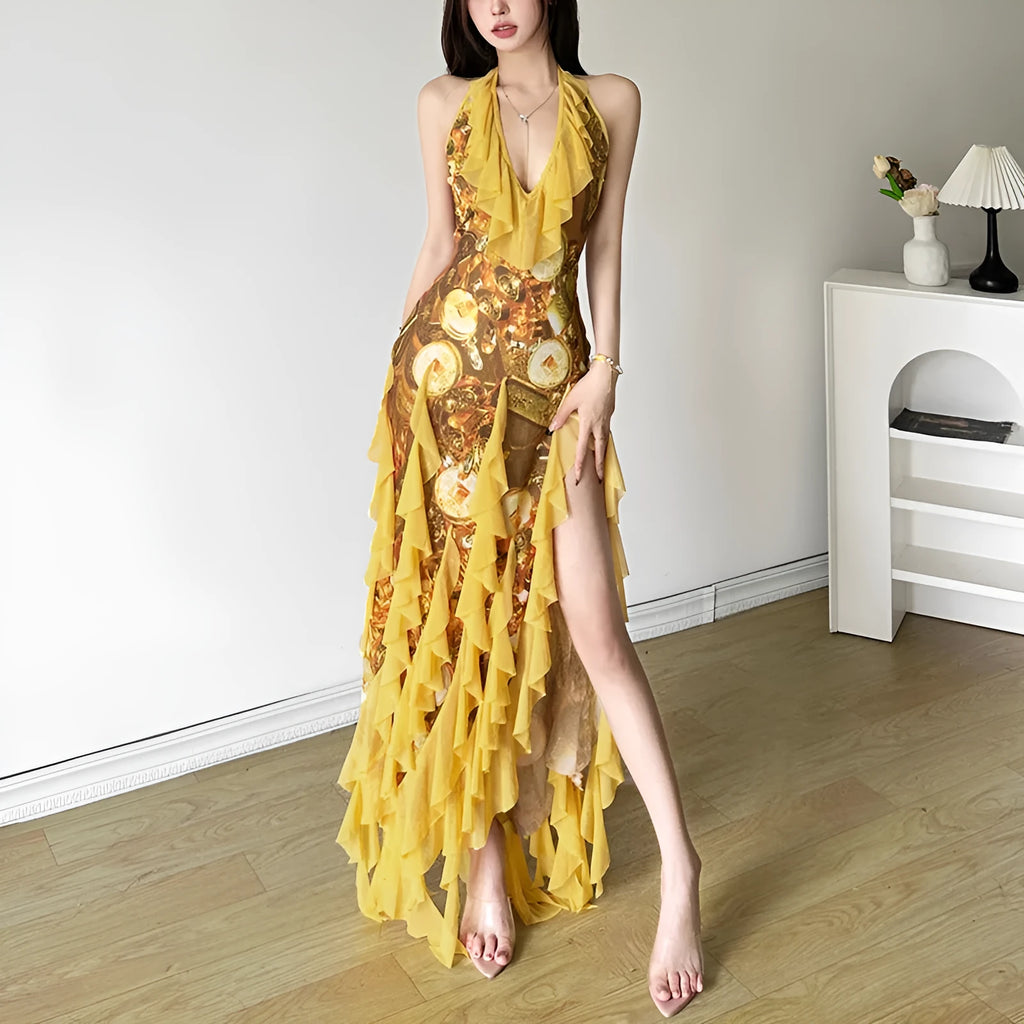 Yellow A-line halter suspender dress with ruffled straps, long length, high waist, women's street fashion