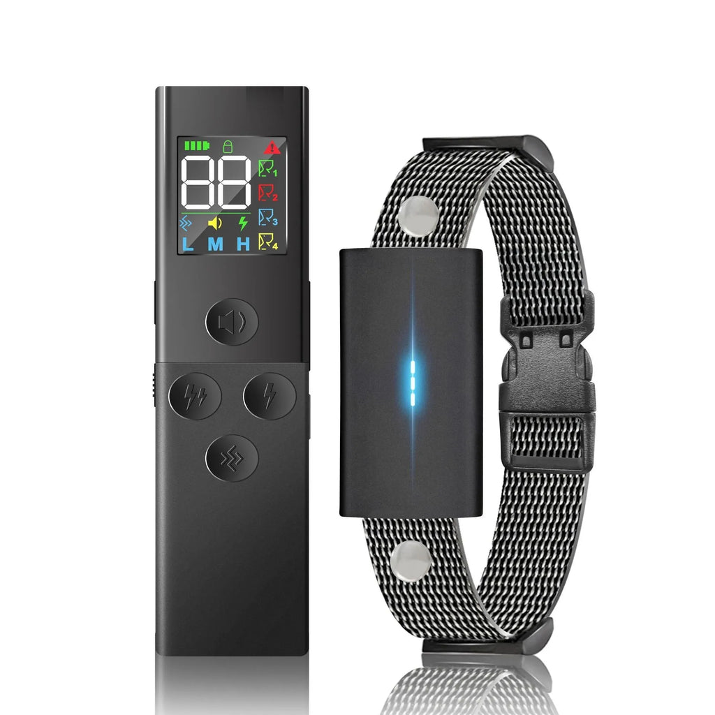 Black Bark Stopper dog trainer device with remote control and receiver unit for anti-barking training