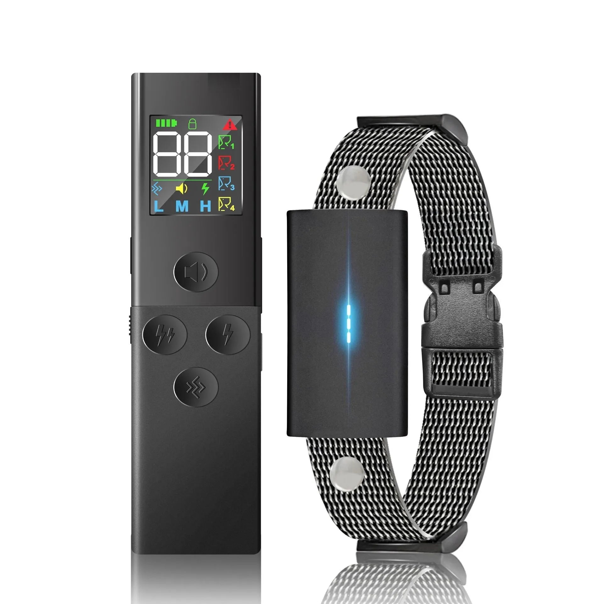 Black Bark Stopper dog trainer device with remote control and receiver unit for anti-barking training