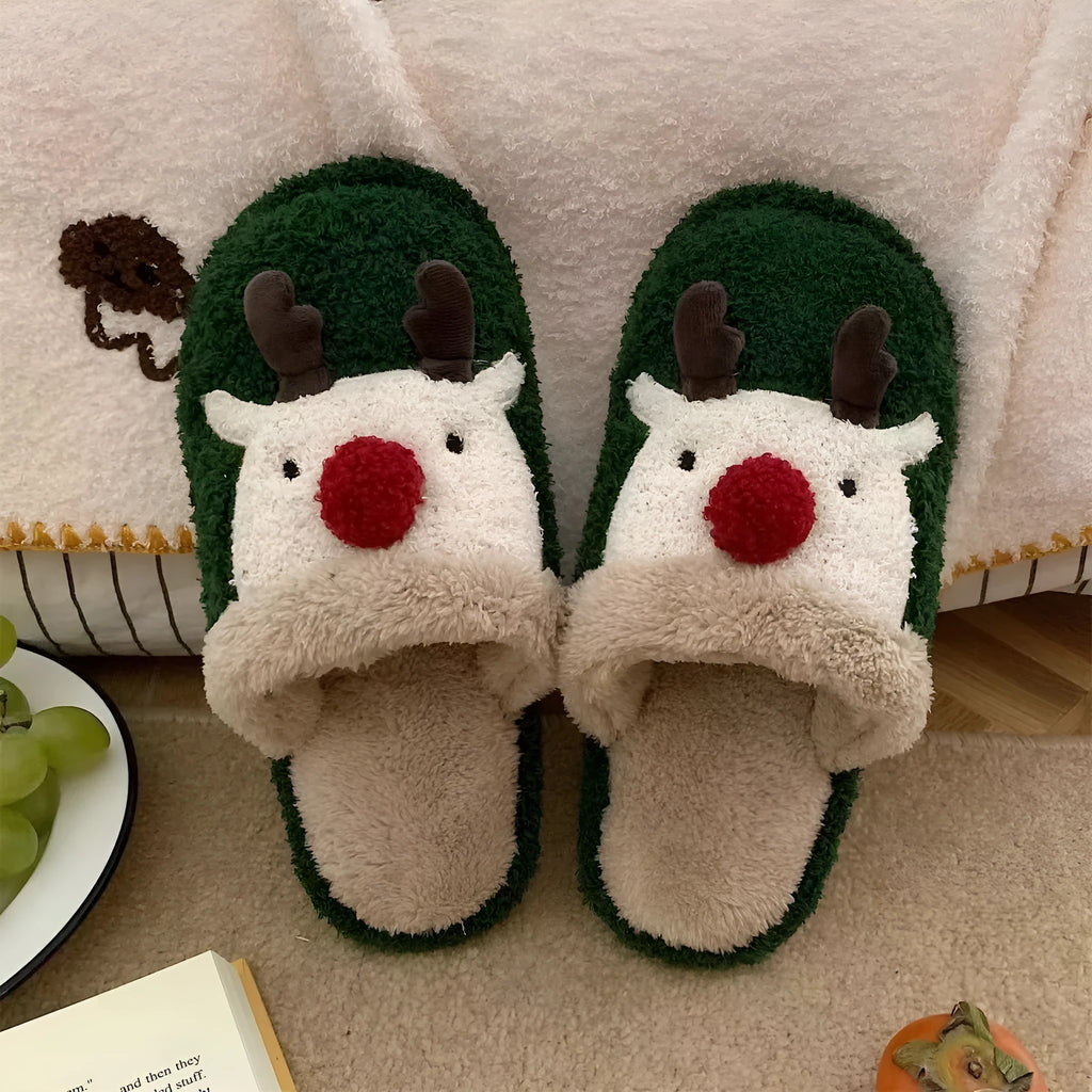 Women's Christmas elk plush slippers with decorative antlers and non-slip PVC soles in brown, green, and pink colours