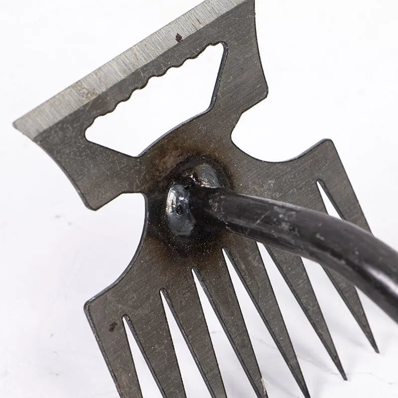 Green steel handled weeding rake with carbon steel head and 5 teeth for soil turning and planting