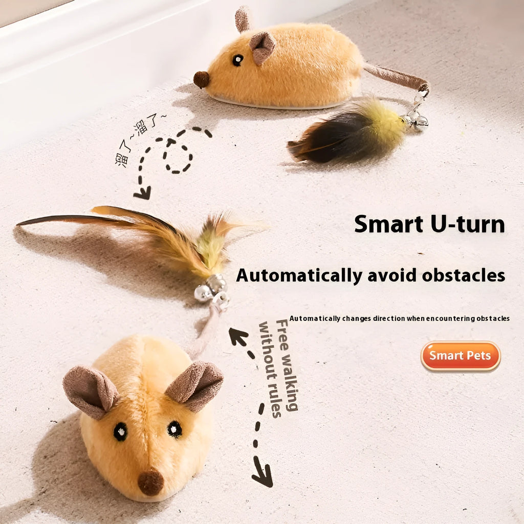 Grey charging simulation electric mouse cat toy with double tail decoration and feather attachment
