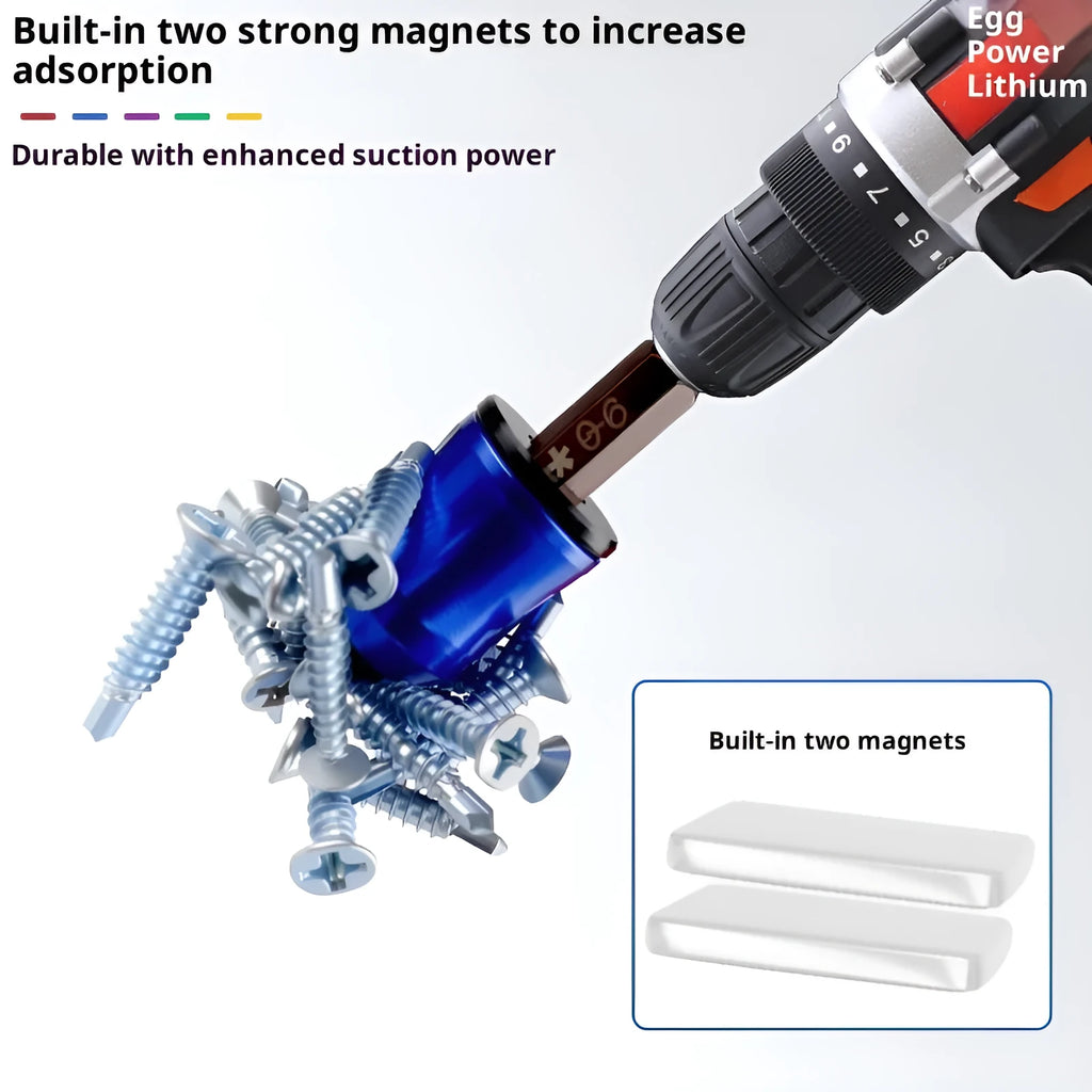 Alloy magnetizing apparatus for hexagonal handle bits and electric drill bits, shown in blue, green, purple, red, or yellow.