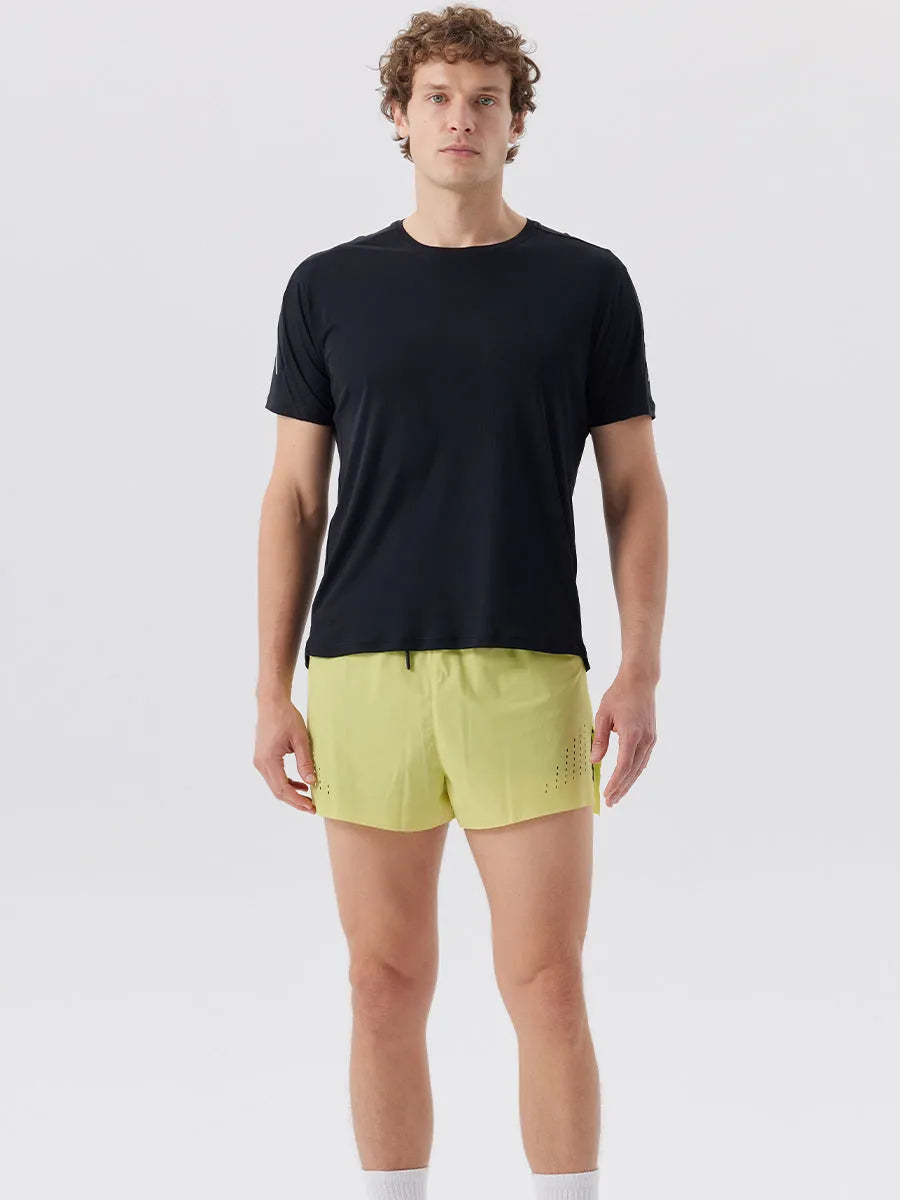 Men's straight-leg nylon sports shorts in black with side slits on leg.