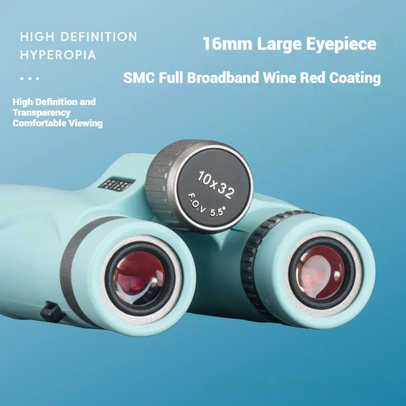 Blue 10x32 binoculars with wine red lenses showing 112mm compact dimensions