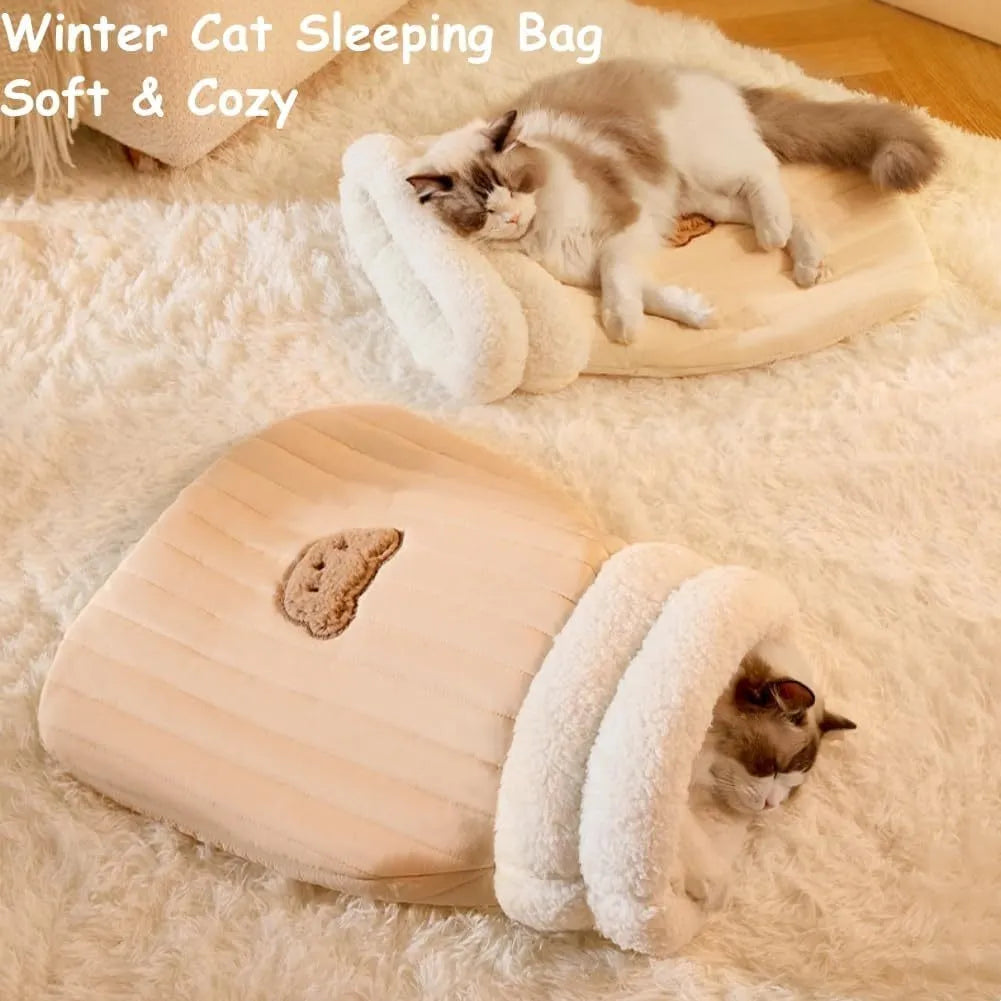 Plush cat sleeping bag in Blue, M size 44 x 37 cm, semi-enclosed cat bed cave for indoor cats and kittens