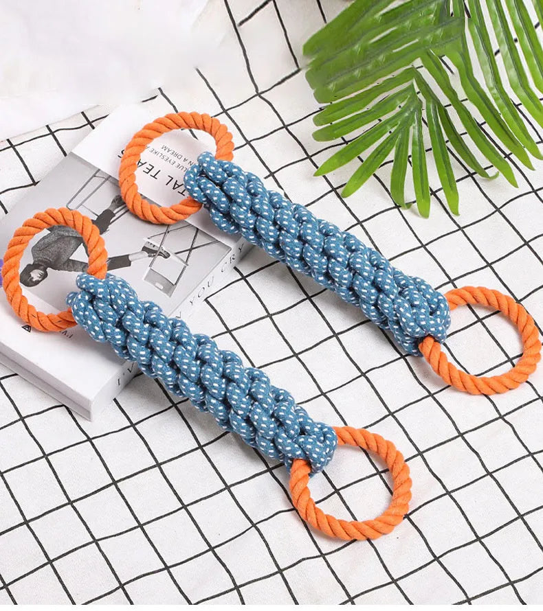 Blue braided cotton rope bone dog toy with double-ring loops