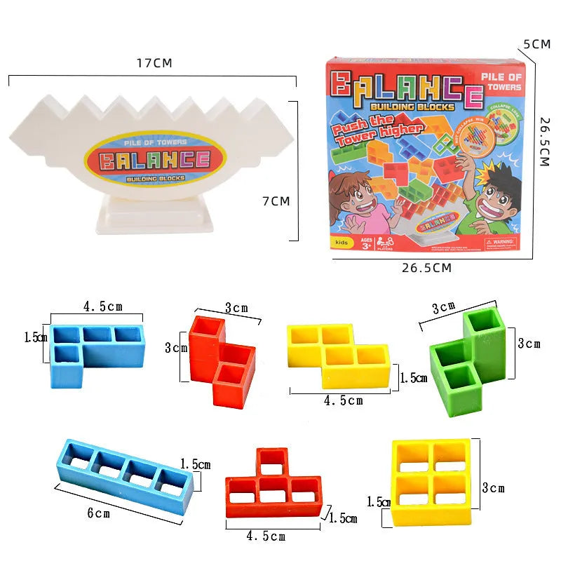 Plastic balance stacking game with coloured building blocks, chassis, and base on a table