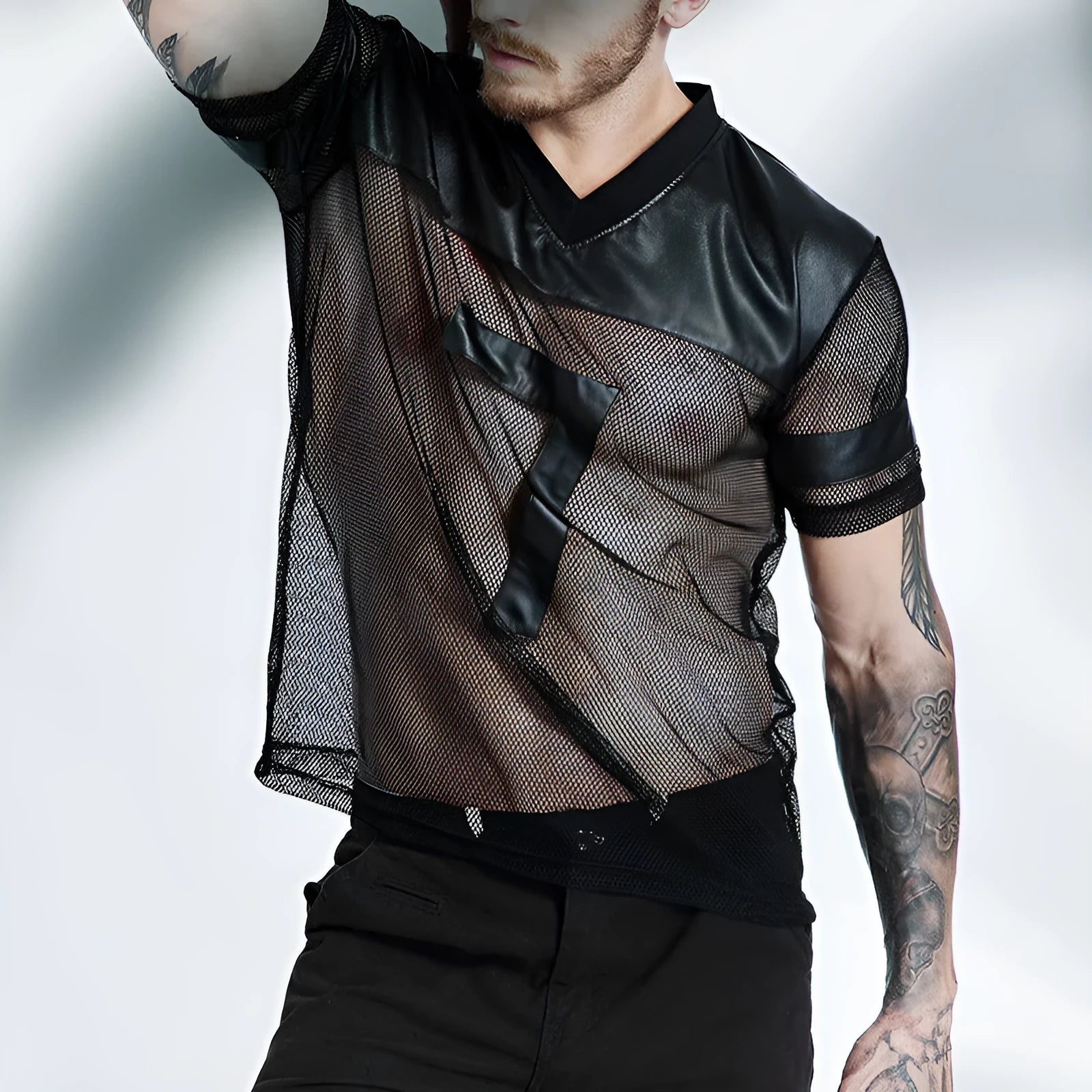 Black men's polyester mesh sports T-shirt with V-neck design and short sleeves