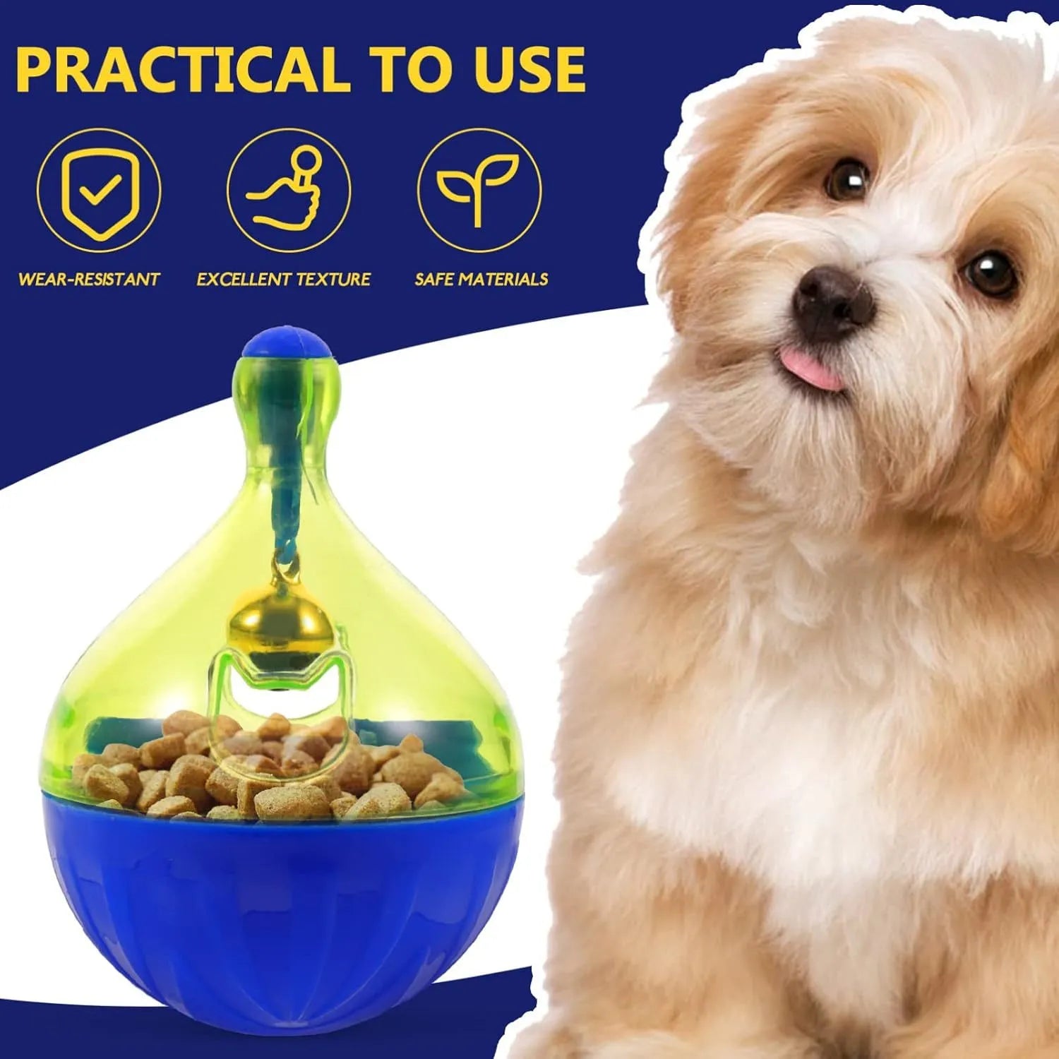 Blue and white tumbler-shaped plastic pet treat dispenser ball on a wooden floor.