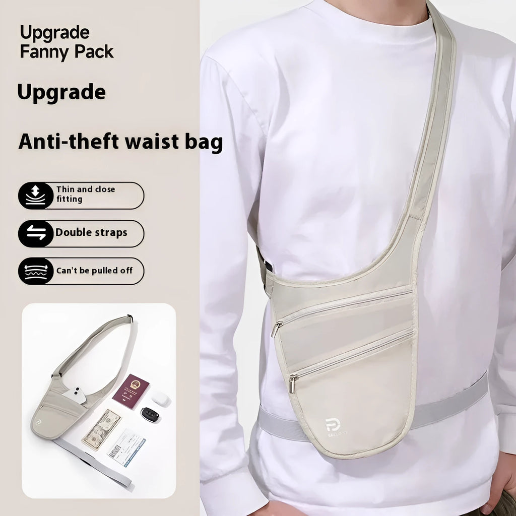Anti-theft nylon travel document waist bag in solid colour for men featuring secure storage, shown in a practical urban simplicity style