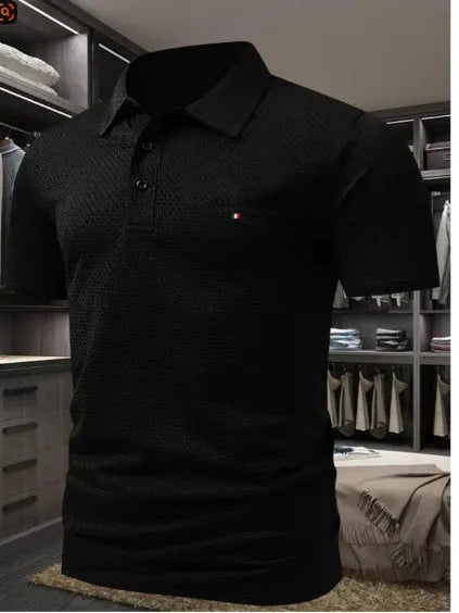Men's loose fit lapel shirt polo in pinhole fabric, short sleeves, solid colour