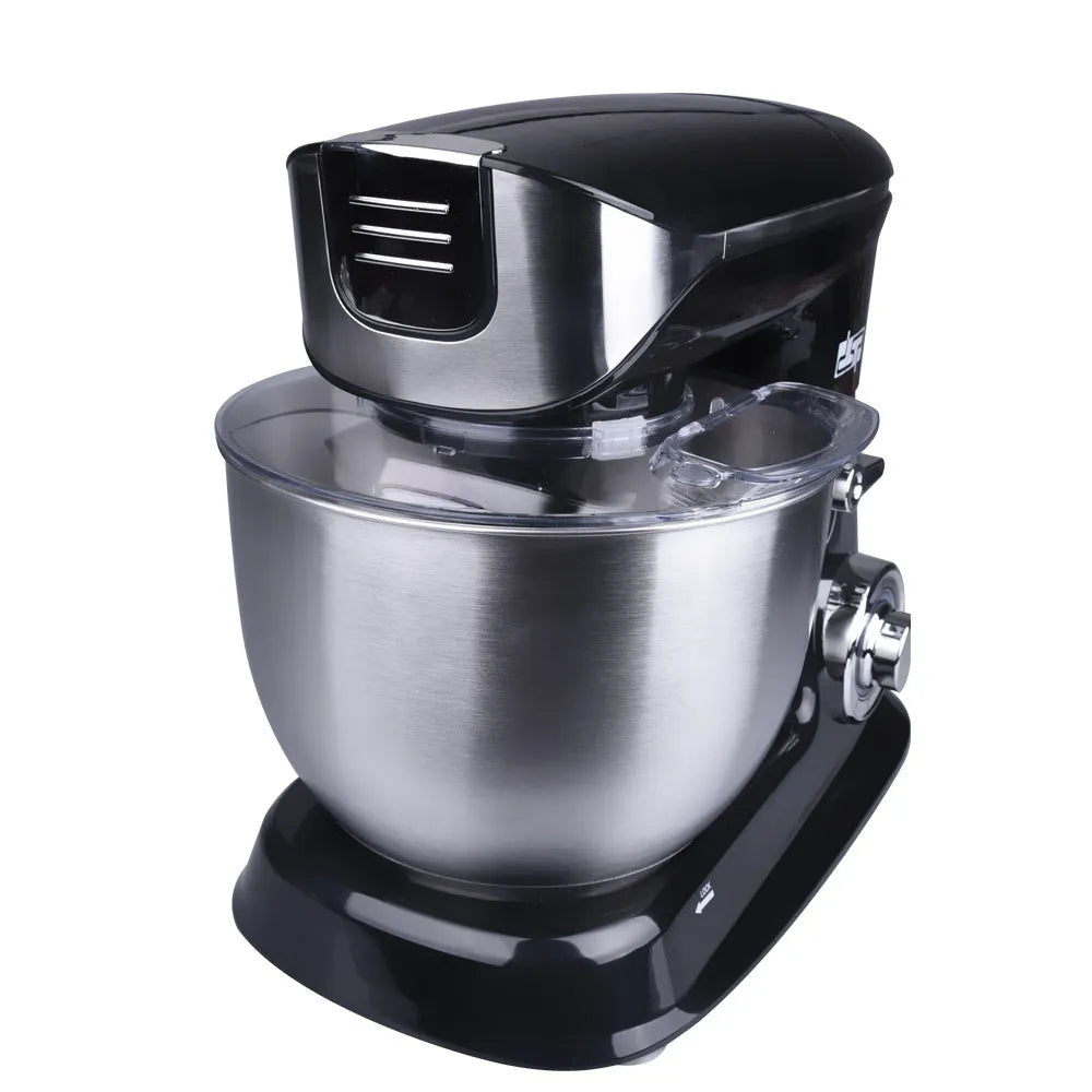 Black three-in-one household kitchen machine with juicer, dough mixer, and meat mincer functions on countertop