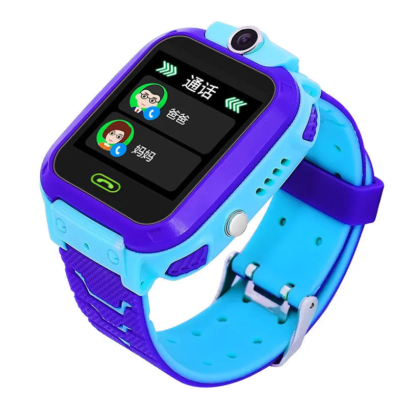 Blue children's GPS smartwatch with a colour touch screen on a silicone strap.