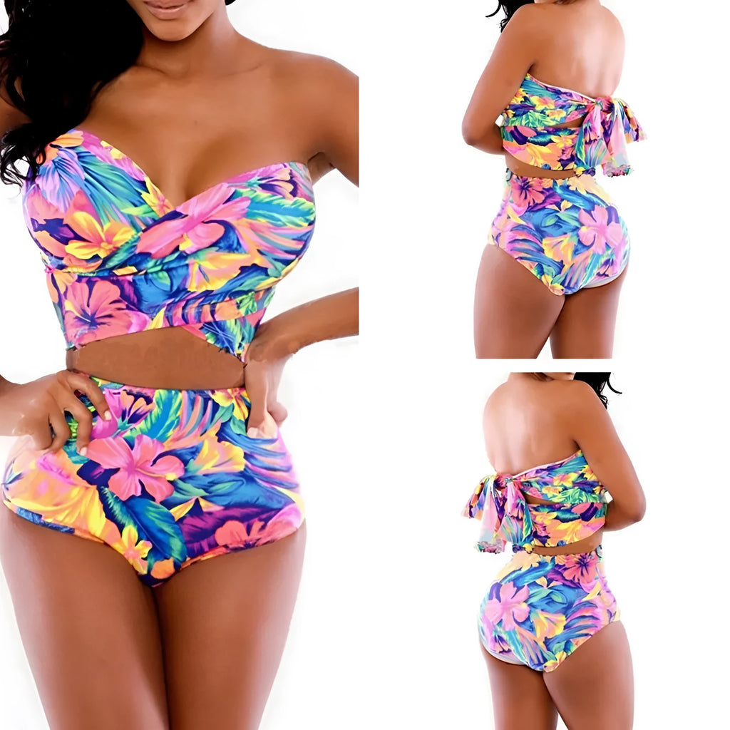 Red printed women's two-piece swimsuit with wrap chest design on white background