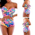 Red printed women's two-piece swimsuit with wrap chest design on white background