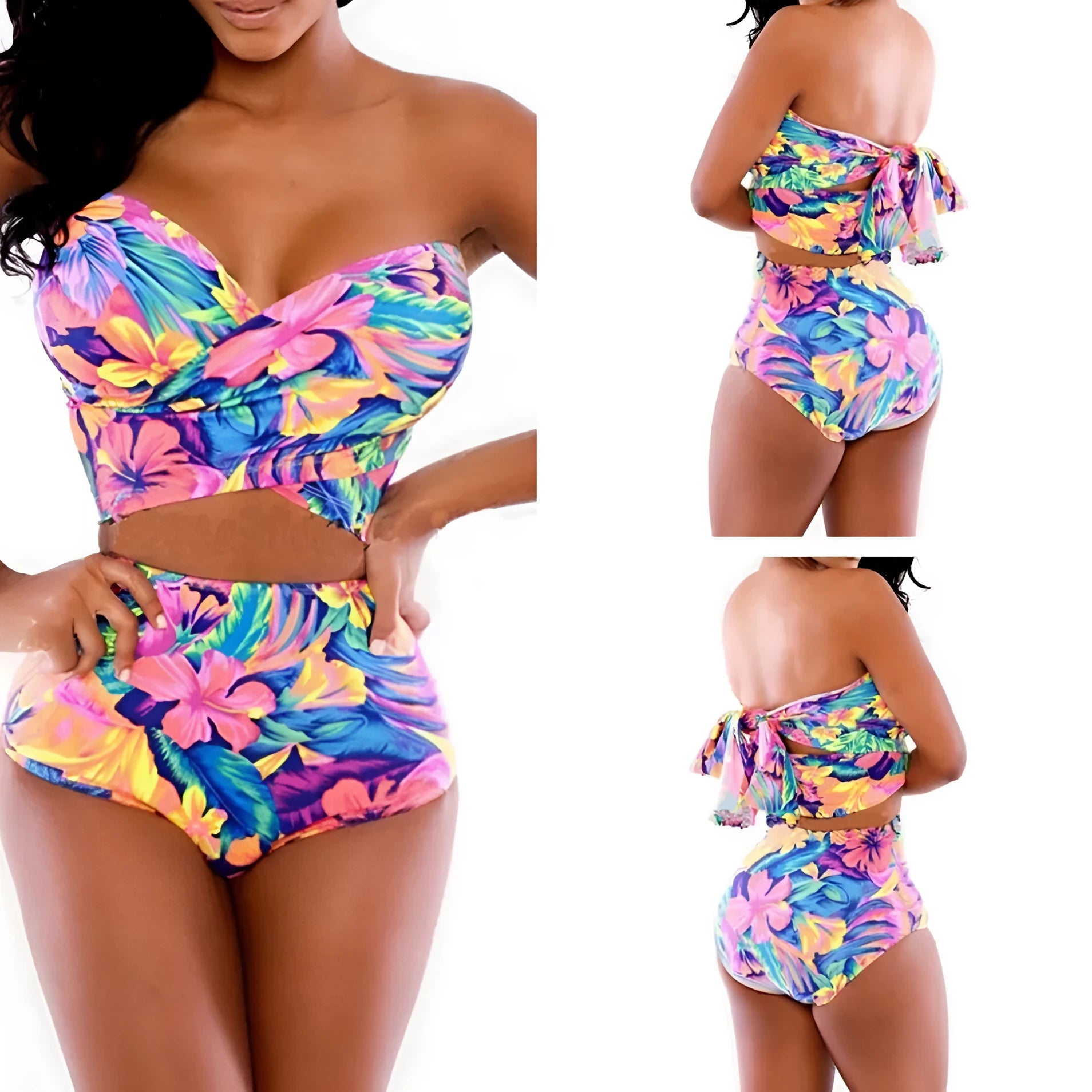 Red printed women's two-piece swimsuit with wrap chest design on white background
