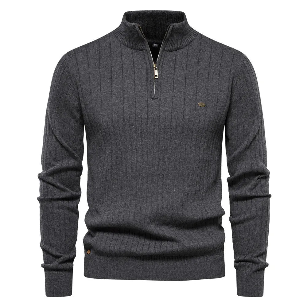 Men's casual stand collar half zip cotton blend sweater in dark blue on a background