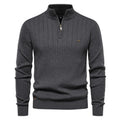 Men's casual stand collar half zip cotton blend sweater in dark blue on a background
