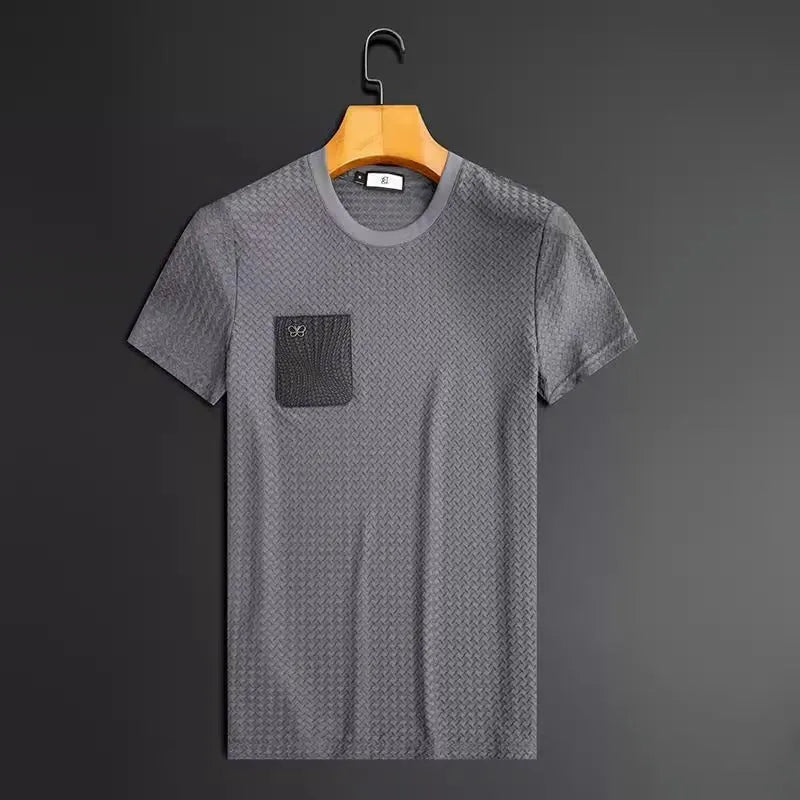 Men's anti-wrinkle houndstooth jacquard slim-fit short sleeve T-shirt and trousers set in grey or black suit colour