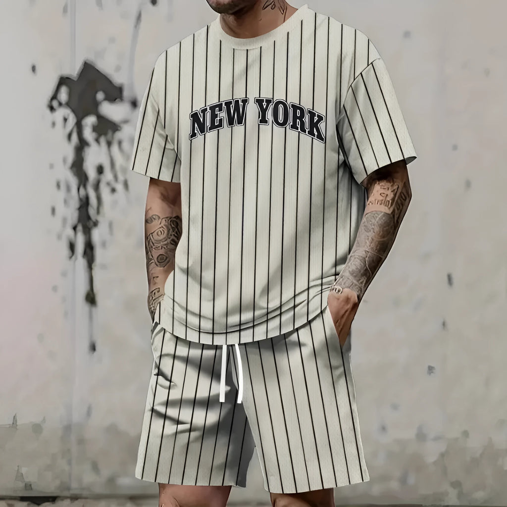 Men's 3D printed polyester suit set with custom letter design, featuring a short sleeve top and matching shorts.