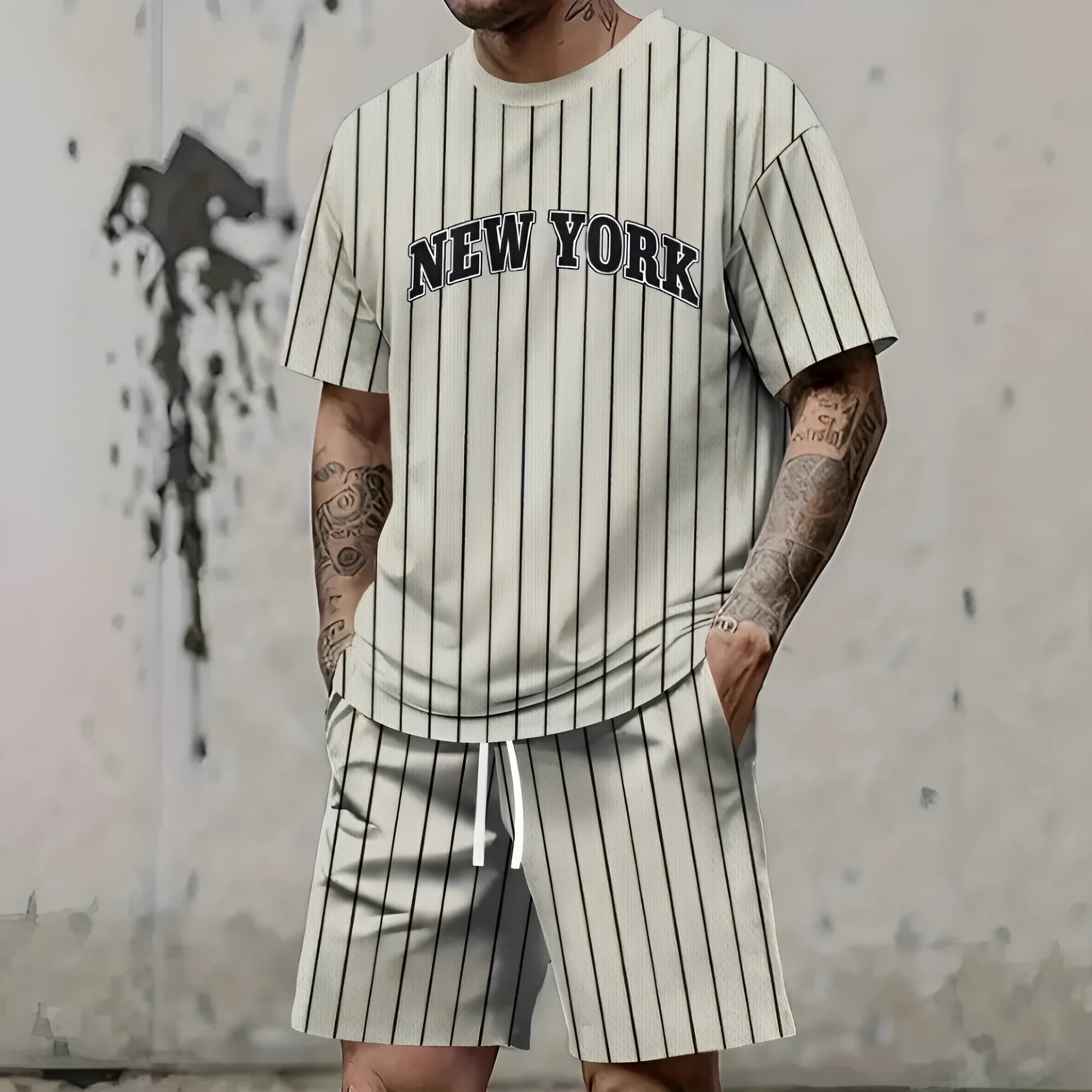 Men's 3D printed polyester suit set with custom letter design, featuring a short sleeve top and matching shorts.