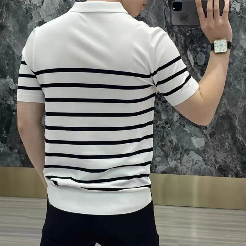 Striped lapel knitted T-shirt in black and white colour options showing polyester blend fabric