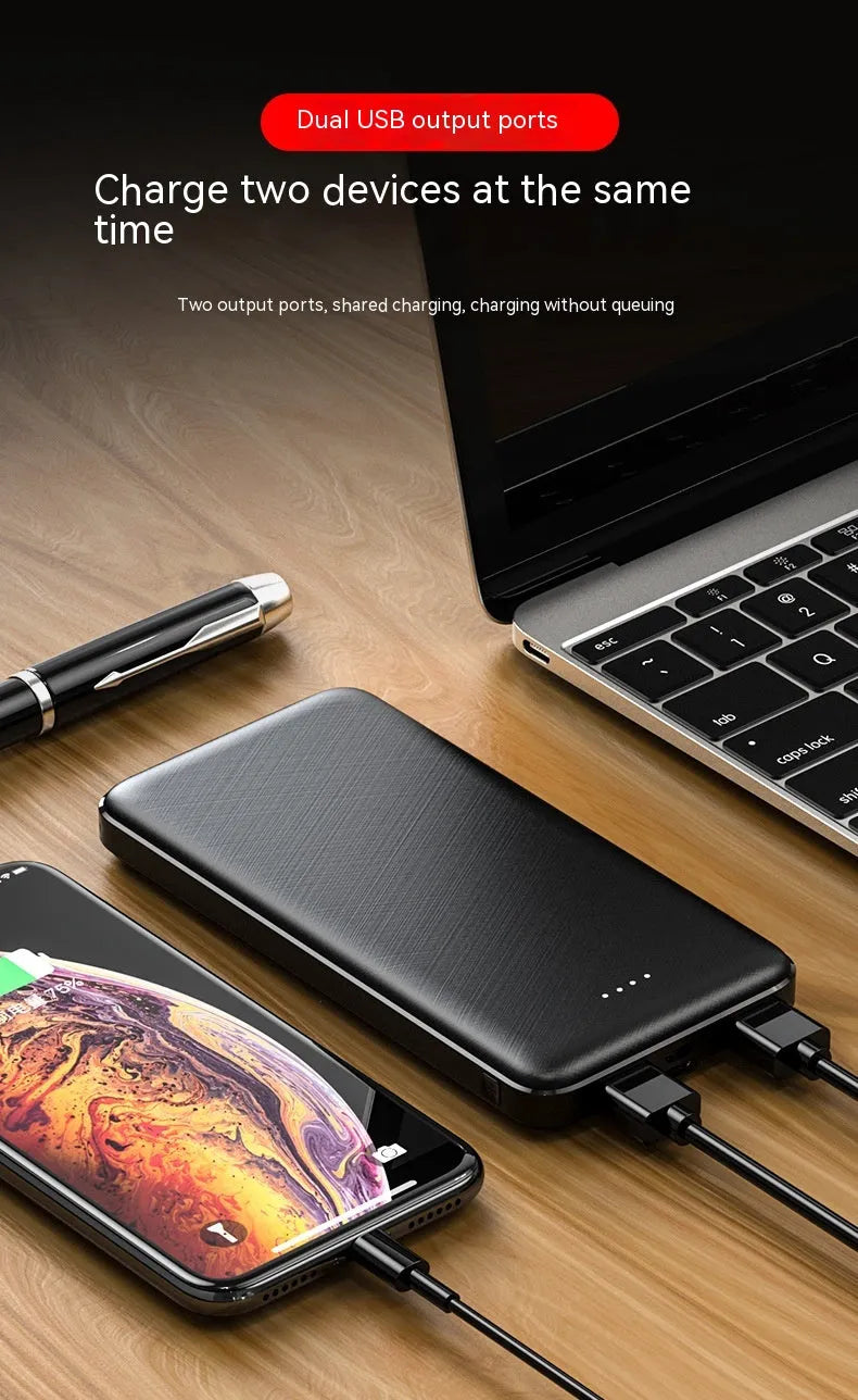 Thin portable power bank plastic shell multi-U port output black colour with cartoon style