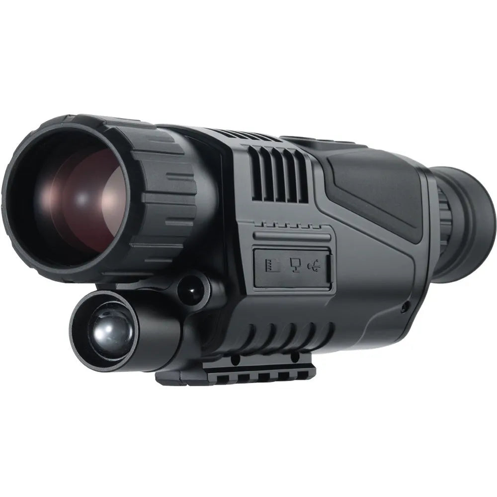 Black infrared digital night vision telescope with 40mm lens on a table with storage bag and cables.