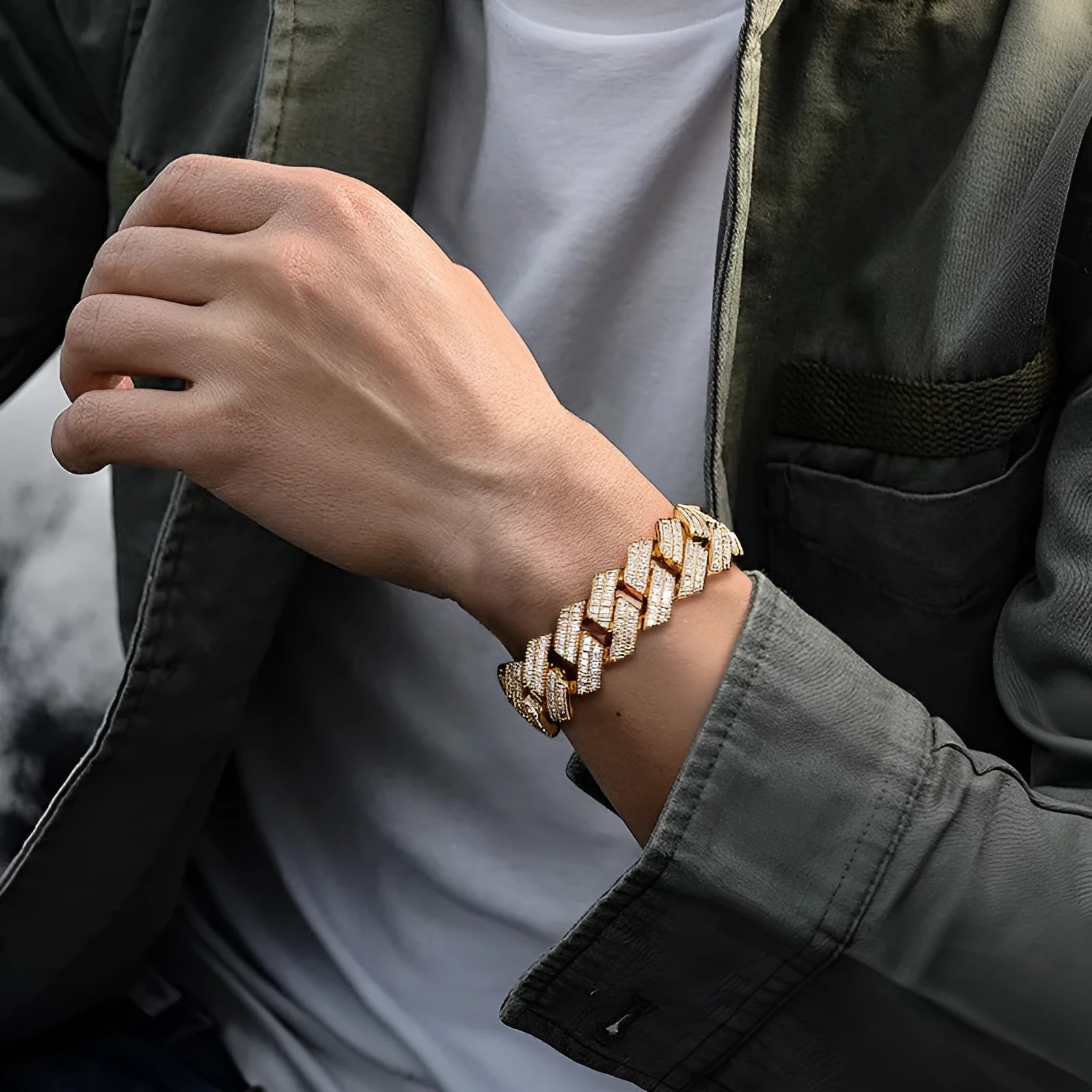 Men's zircon rhombic Cuban chain bracelet, copper with gold electroplated finish on white background